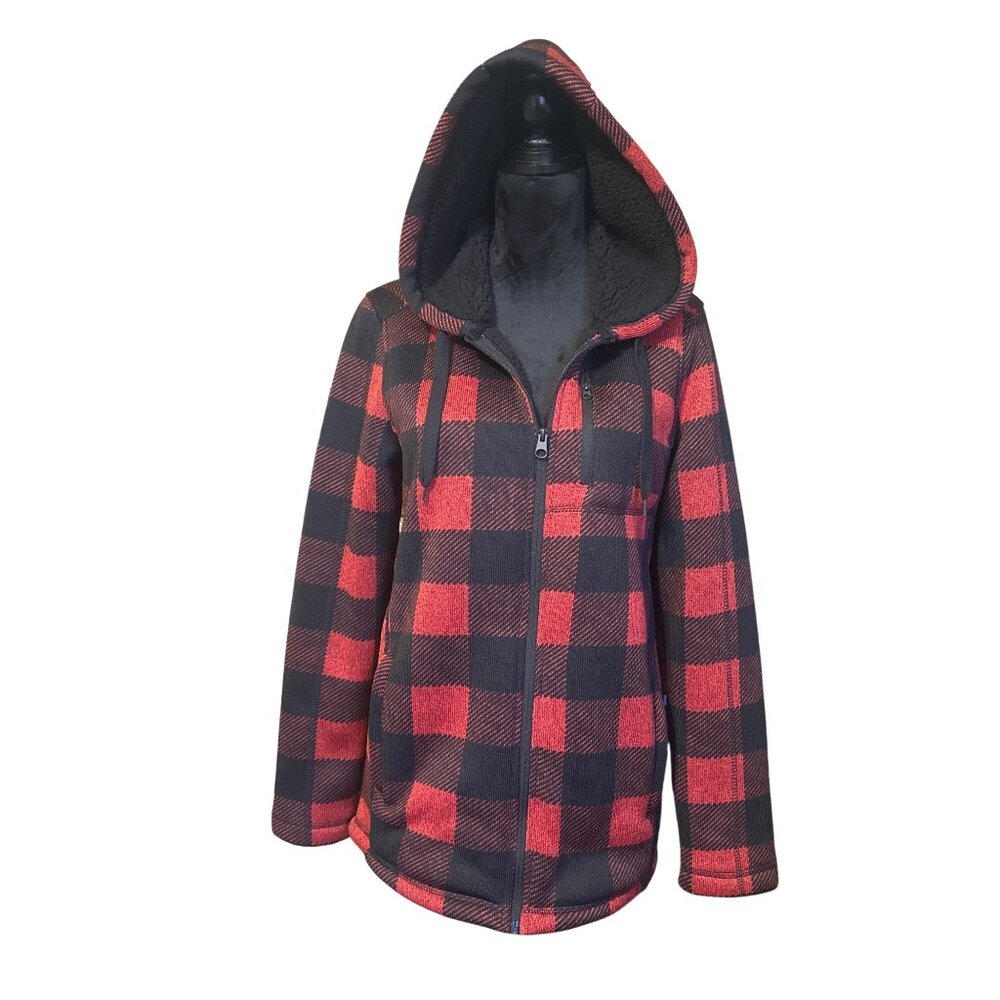 Red & Black Plaid Sherpa Lined Hoodie Jacket Small Urban Pipeline Womens Full Zi